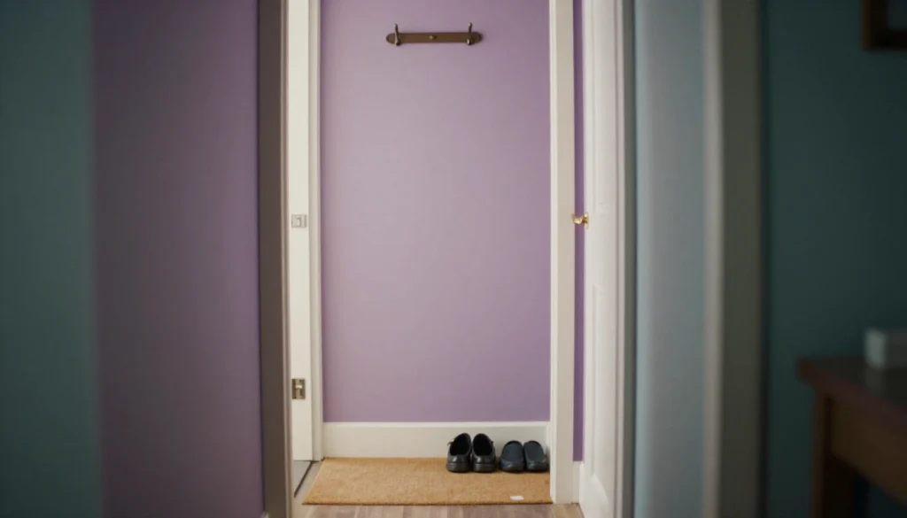 Entrée du cabinet avec porte-manteau, paillasson et chaussures posées de côté