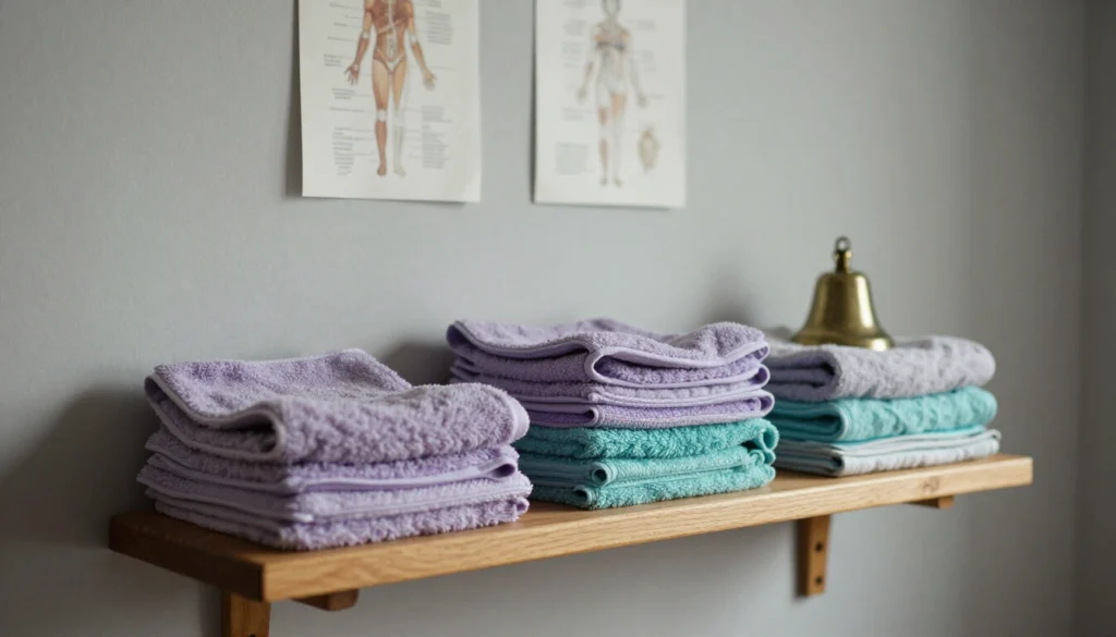 Étagère en bois avec serviettes pliées et schémas anatomiques simples affichés au mur