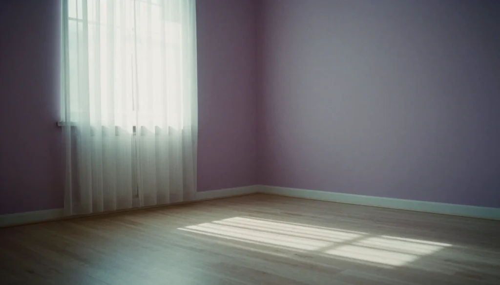 Fenêtre du cabinet avec voilage et lumière du jour sur un parquet clair