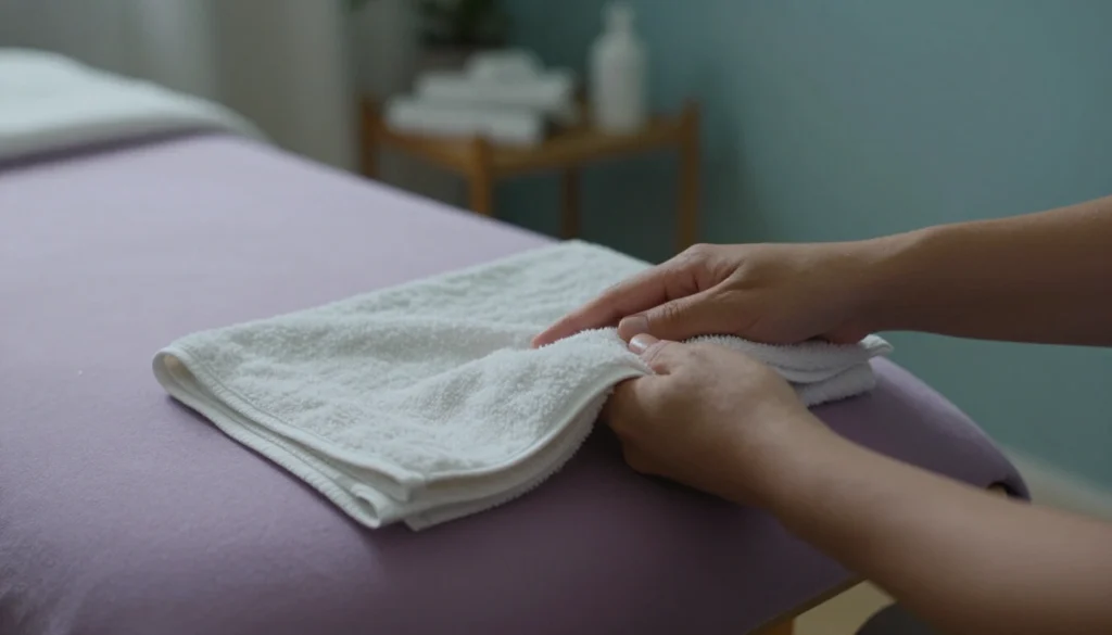 Mains pliant une serviette propre sur la table de soin entre deux rendez-vous