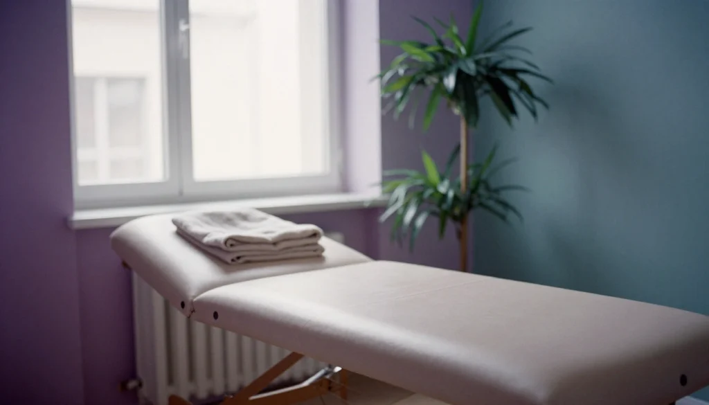 Salle de soin du cabinet avec table matelassée, couverture pliée et plante près de la fenêtre